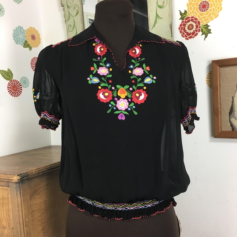 Sheer Black Peasant Blouse Embroidered Rayon Top Ethnic Etsy