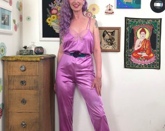 Vintage Lingerie Jumpsuit, 1970s Butterfly Applique Purple Nylon One Piece Sz M