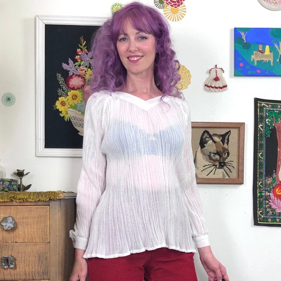 Vintage Crinkle Gauze Top, 1970s Sheer White Cotton V-neck
