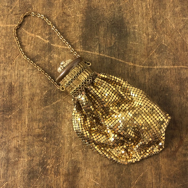 Vintage Whiting & Davis Gold Mesh Bag, Accordion Gate Top Evening Bag, Beggars Purse Style Wristlet