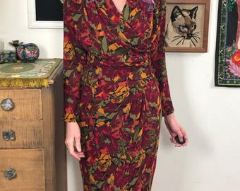 Vintage Floral Secretary Suit, 1980s Autumnal Flower Print Blouse & Skirt, S-M