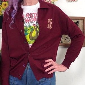 Vintage Mens Grunge Cardigan, 1960s Distressed Burgundy Sweater, Monogrammed Button Front Sz S-M