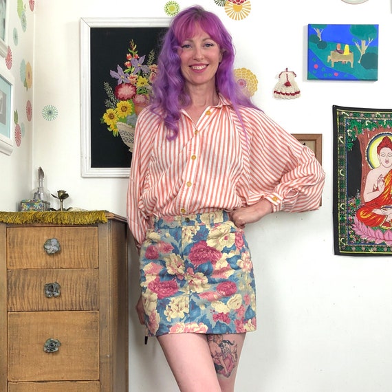 Vintage Floral Denim Mini Skirt 1980s 1990s Flower Print Mini Size M Etsy