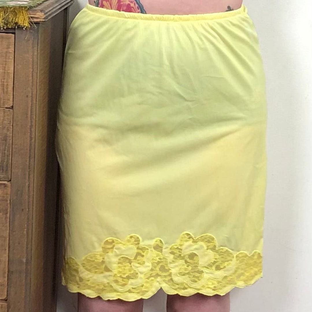 Vintage Half Slip With Applique, 1970s Hand Dyed Buttercup Yellow Slip