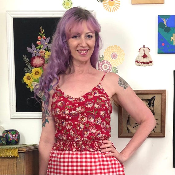 Vintage Floral Crop Top, y2k Red Flower Print Cam… - image 11