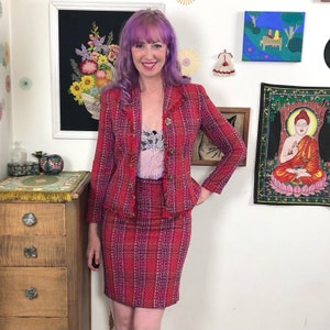 Vintage Pink Tweed Suit, 1980s Skirt Suit with Floral Brass Buttons, Size S