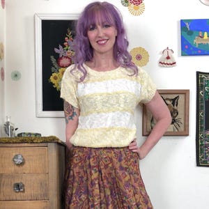 Vintage Yellow and White Striped Boucle Knit Sweater, 1980s Acrylic Crew Neck XS