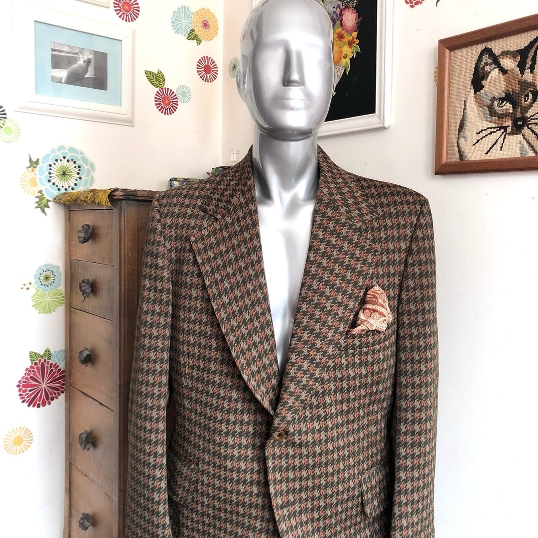 Houndstooth Sport Coat in Olive and Sage Mens Blazer - Patterned Texture - 1920s Vintage Jacket