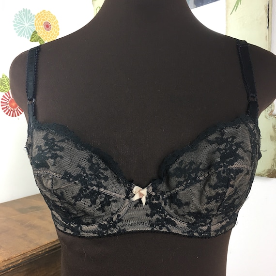 Vintage Black Lace Bra, 34B 1960s Bombshell Underwire Brassiere