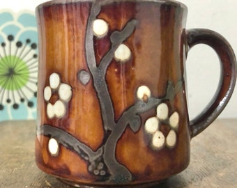 Vintage Stoneware Flower Mug, 1970s Cinnamon Brown Coffee Cup with Asian Style Floral Design