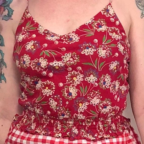 Vintage Floral Crop Top, y2k Red Flower Print Cam… - image 5