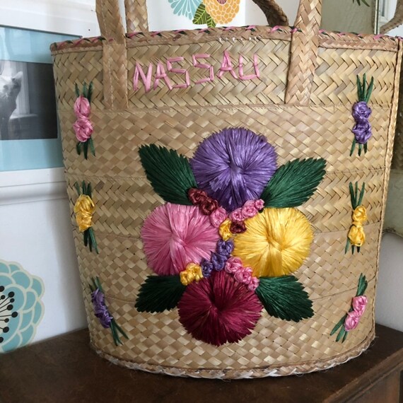 Vintage Straw Beach Tote, Oversized Floral Raffia