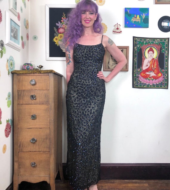 Vintage Beaded Evening Gown Y2k Column Dress by Alan Cherry 