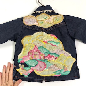 Vintage Toddler Jean Jacket, 1970s Fairytale Denim Jacket with Applique House and Hillsides, 18 Mos