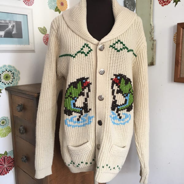 Vintage Cowichan Sweater, 1970's Fishing Sweater Grandpa Cardigan Campus Brand Pure Virgin Acrylic Made in Korea