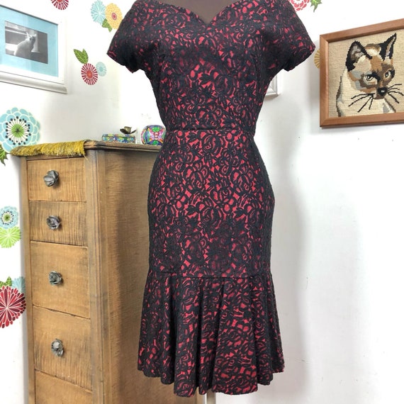 Vintage Cocktail Dress, 1960s Red & Black Lace Wi… - image 2