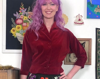Vintage Red Velvet Blazer, 1950s Cropped Fitted Jacket with High Lapel, Sz XS