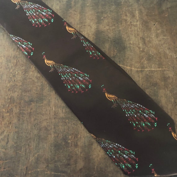 Vintage Peacock Tie, 1970s Wide Bronze Tie with J… - image 1