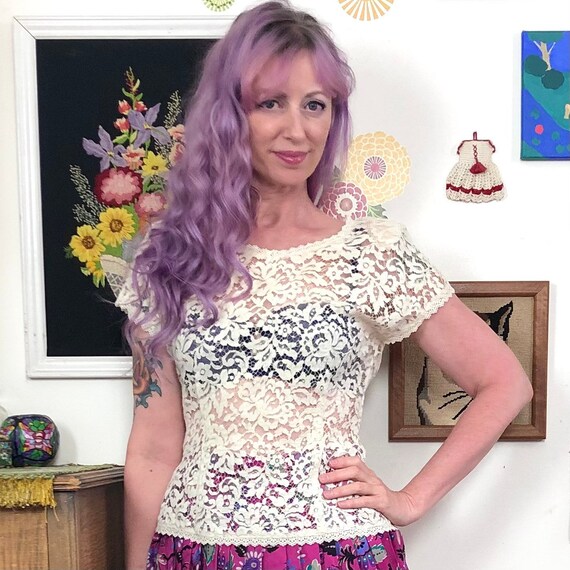 Buy Vintage Sheer Lace Blouse, 1990s Short Sleeve Floral Lace Top 