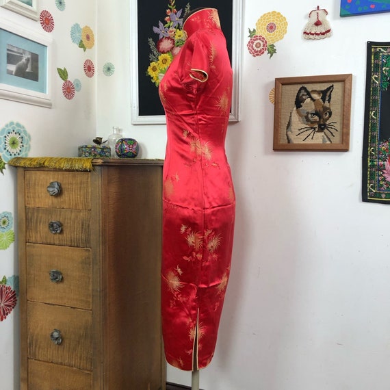 Vintage Cheongsam Dress, 1970s Red & Gold Satin E… - image 5