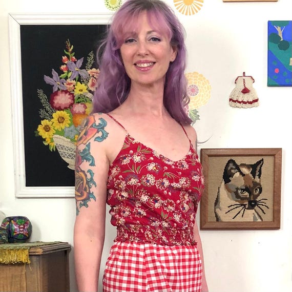 Vintage Floral Crop Top, y2k Red Flower Print Cam… - image 2