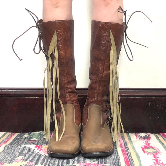 Vintage Leather Fringe Boots, 1970s Tall Lace Up … - image 3