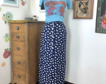 Vintage Blue Floral Maxi Skirt, Navy Blue with White Flowers and Frogs, 1970s Hippie Style Skirt Sz XS