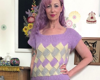 Vintage Acryl Strickpullover Weste, Lila Grau und Creme Ärmelloses Top Größe M-L