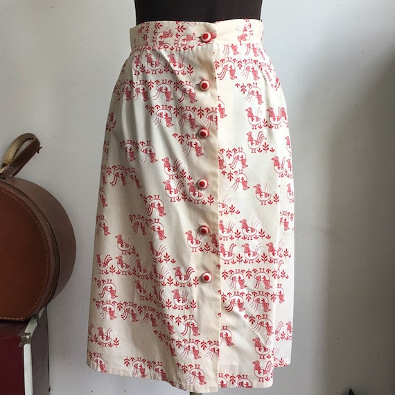 Vintage Cotton Bird Skirt, Button Front with Novel