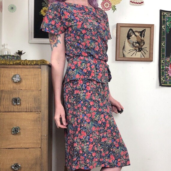 Vintage Secretary Dress, 1980s Floral Peplum Dress by John Robert Sz M View 6