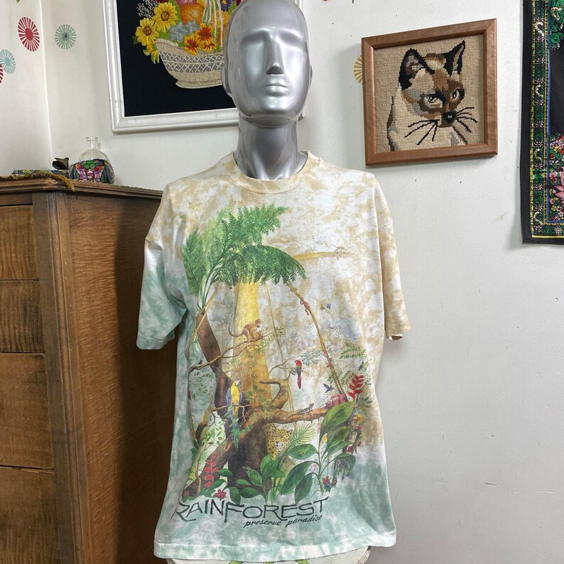 Vintage Liquid Blue Rainforest Preserve Paradise T-Shirt, 1990s Tie Dye Tee XL immagine 7