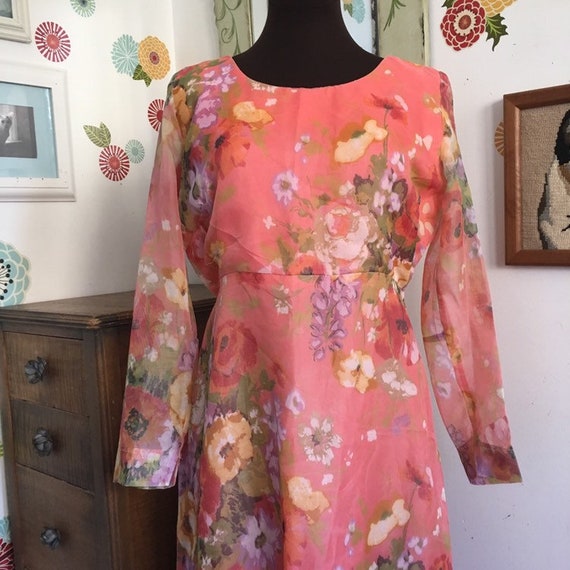 Vintage Hostess Dress, Size Large Pink Floral Shee