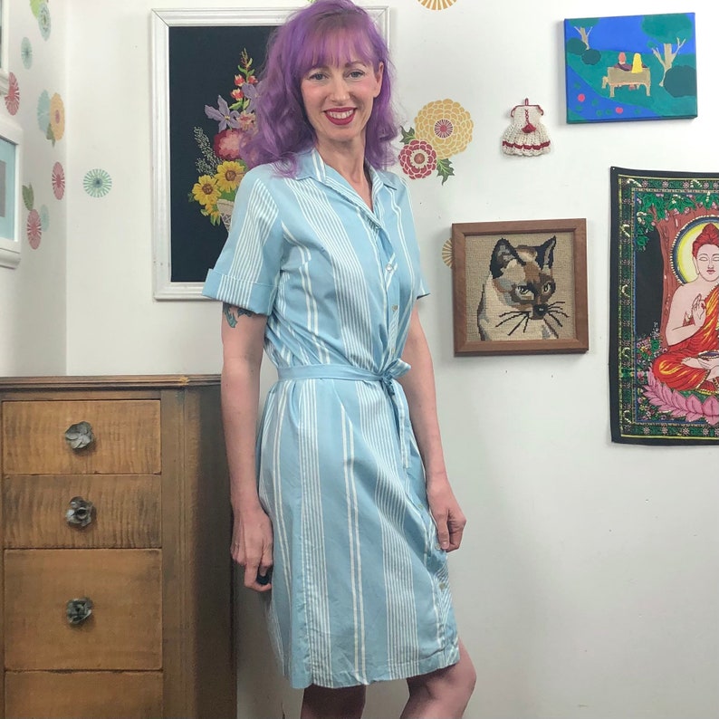 Vintage House Dress Blue /& White Stripe Dress with Belted Waist and Button Front Closure Size M
