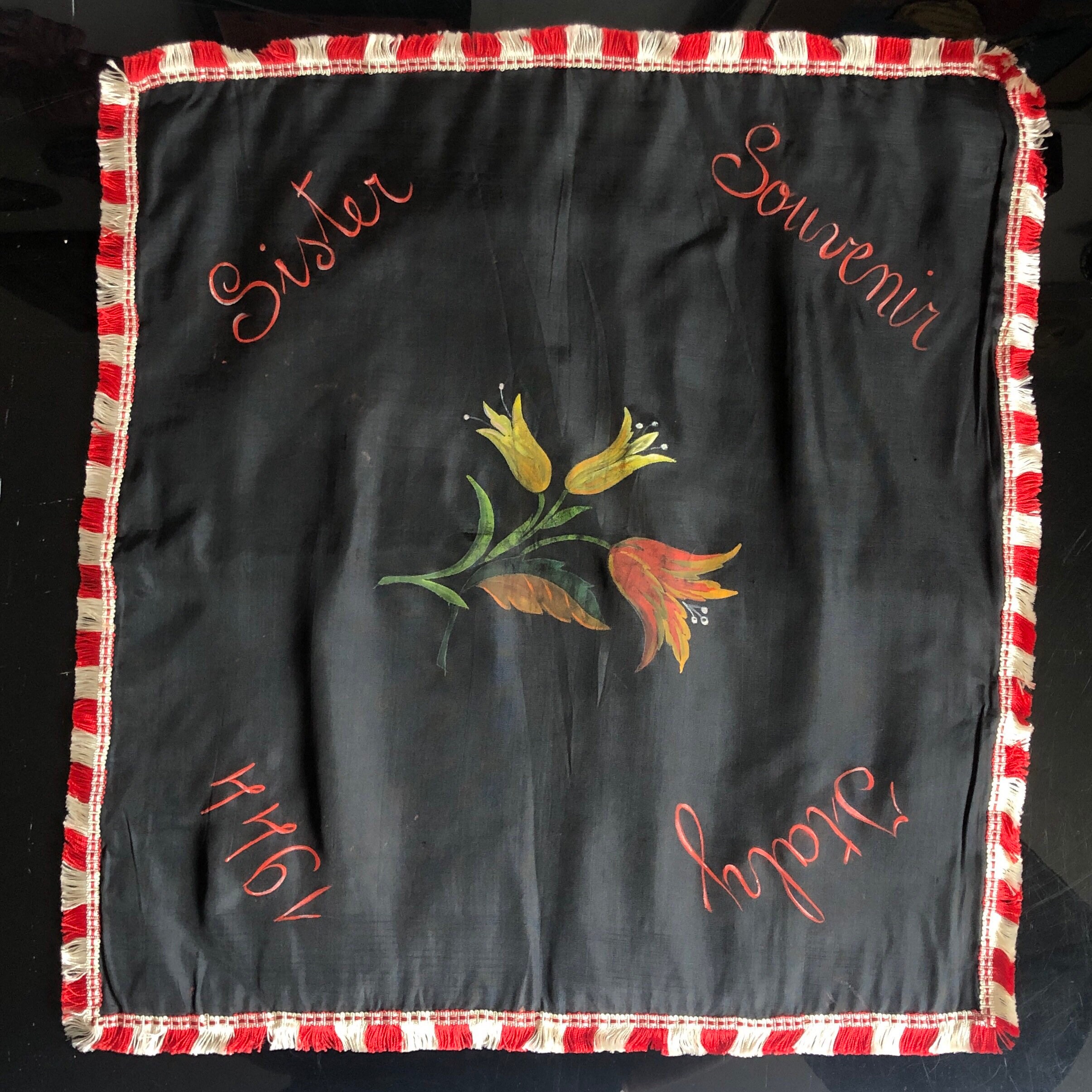 Vintage Italy Souvenir Pillowcase, 1940s Painted Flower Black