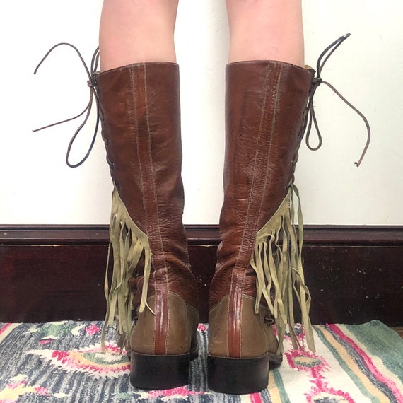 Vintage Leather Fringe Boots, 1970s Tall Lace Up … - image 4