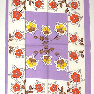 Vintage Flower Power Tea Towel, Groovy Purple Floral Hippie Style Kitchen Towel