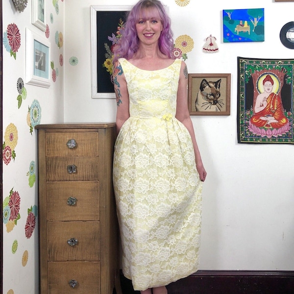 Vintage Yellow Lace Prom Dress, 1960s Bridesmaid Maxi Length Column Dress Sz XS