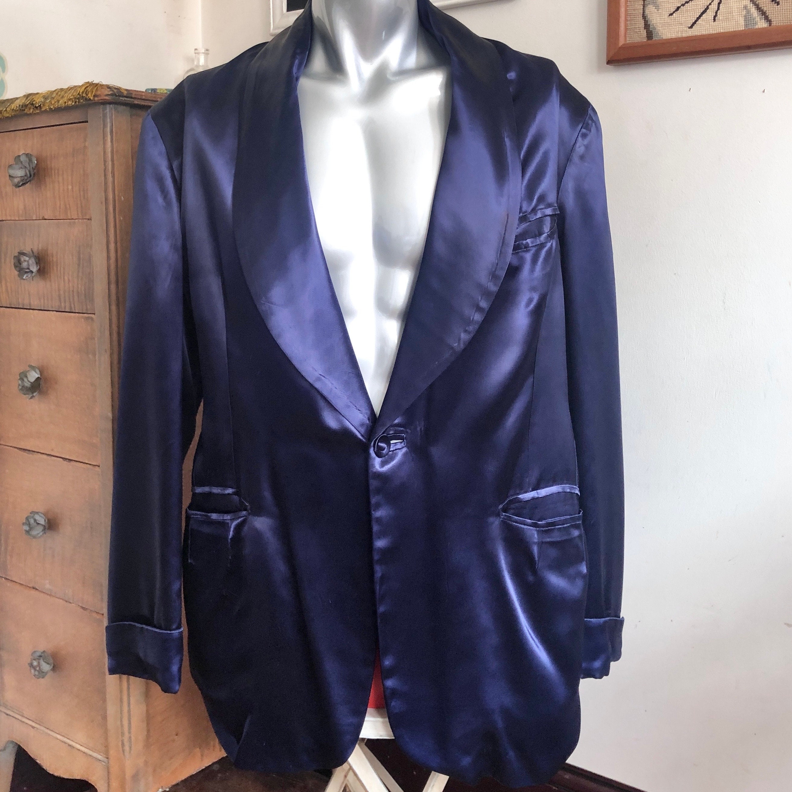 Vintage Blue Satin Smoking Jacket, Quilted Blazer Style Bed Jacket