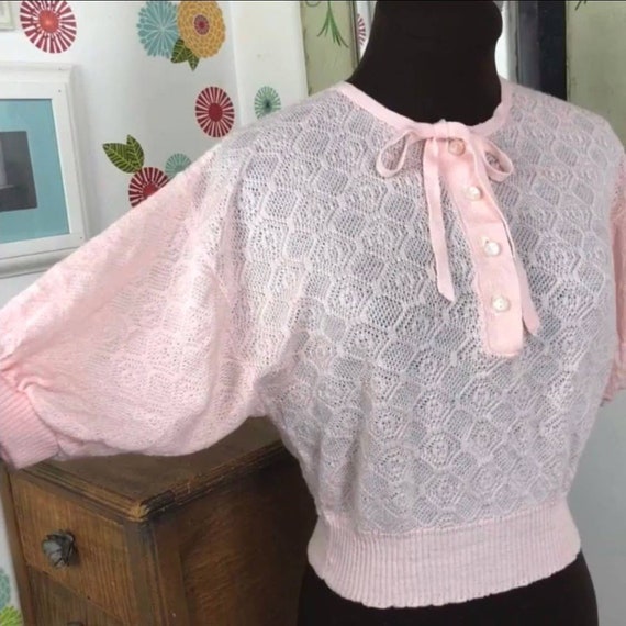 Vintage Pink Cropped Sweater Top, 1980s Pointelle… - image 6