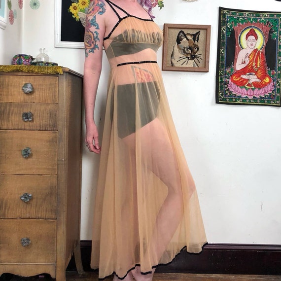 Vintage Sheer Tan Nightgown, Beige Chiffon with B… - image 8