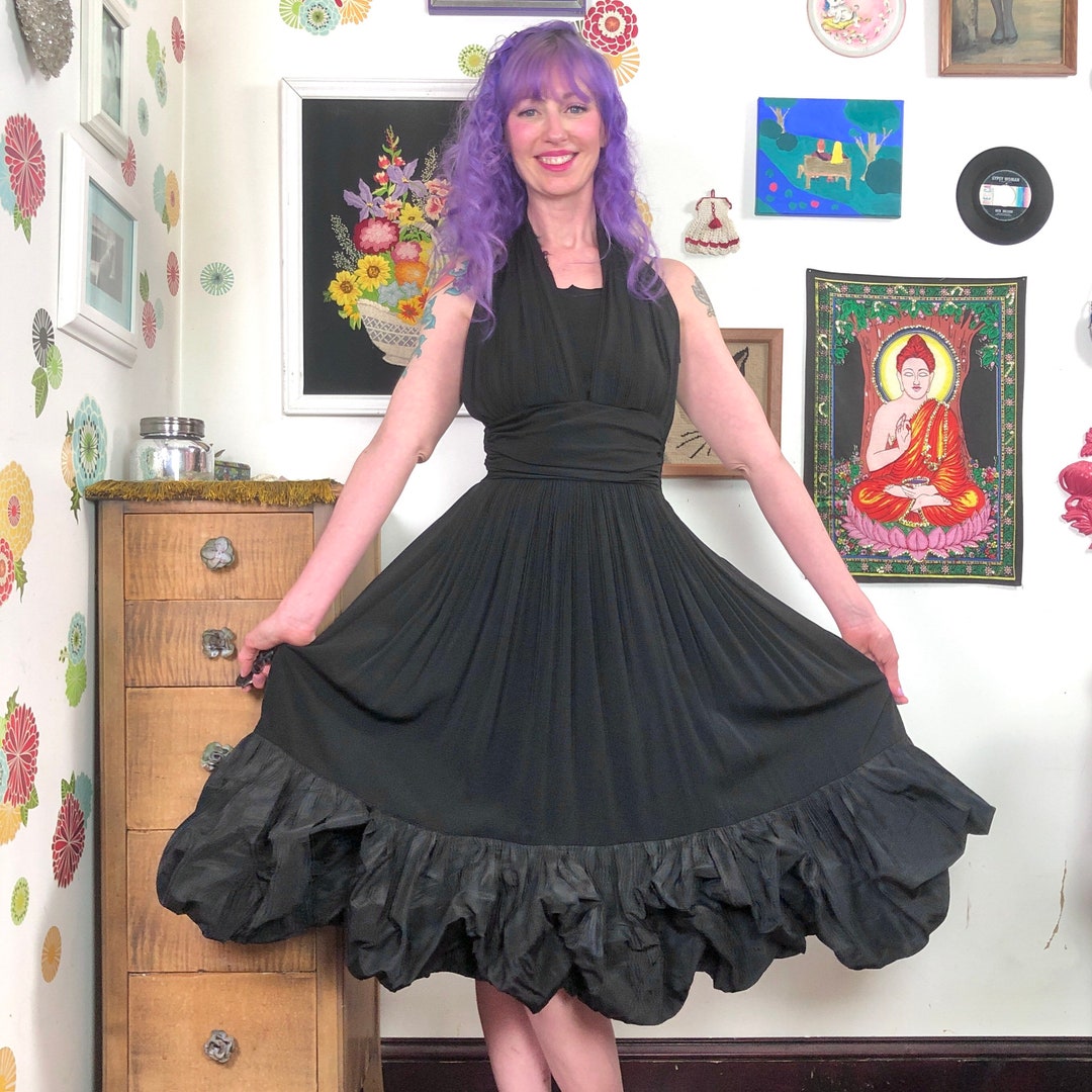 Black Halter Sheath Ruffles Vintage Cocktail Dress Evening Party Dress, DP3136