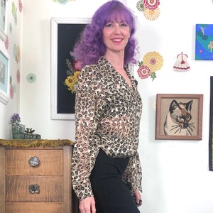 Vintage Leopard Print Blouse, Sheer Cropped Long Sleeve Top with Tie Waist and Wide Collar, 1980s Glam Rock Fashion by Gantos image 2
