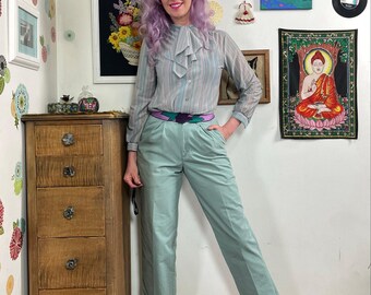 Vintage Cotton Chino Pants, 1980s Light Turquoise High Waisted Pant, Sz S-M