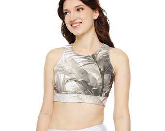 Neutral Bloom: Beige Abstract Floral Racerback Sports Bra - Elevate Your Gym Sessions with Stylish Comfort and Support!"