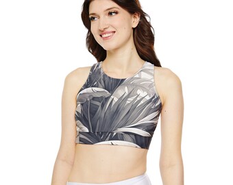 Grey Petals: Floral Racerback Sports Bra - Stylish Support for Active Days. Discover Yours Now!"