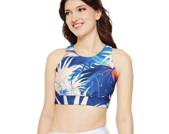 Ocean Bloom: All-Over Blue Printed Sports Bra - Stylish Support for Active Days. Elevate Your Workout Wardrobe!"