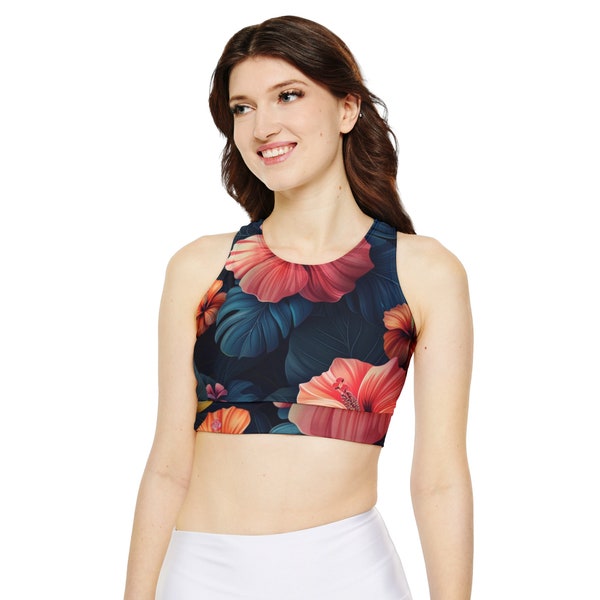 Floral Print Racerback Sports Bra: Vibrant & Stylish Active Wear for Women, Comfortable Fitness Support, Trendy Athletic Design,