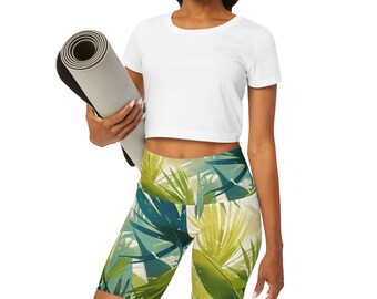 Hoch taillierte Yoga-Shorts mit botanischem Aufdruck|Hoch taillierte Yoga-Shorts|Turnshorts mit Blumenmuster
