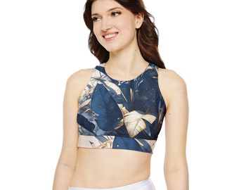 Navy Petals: Dark Blue Abstract Floral Racerback Sports Bra - Elevate Your Gym Routine with Stylish Comfort and Support!"