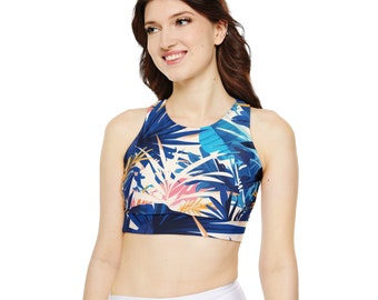 Midnight Blooms: Dark Blue Floral Racerback Sports Bra with a Splash of Color - Elevate Your Gym Look with Style and Support!"